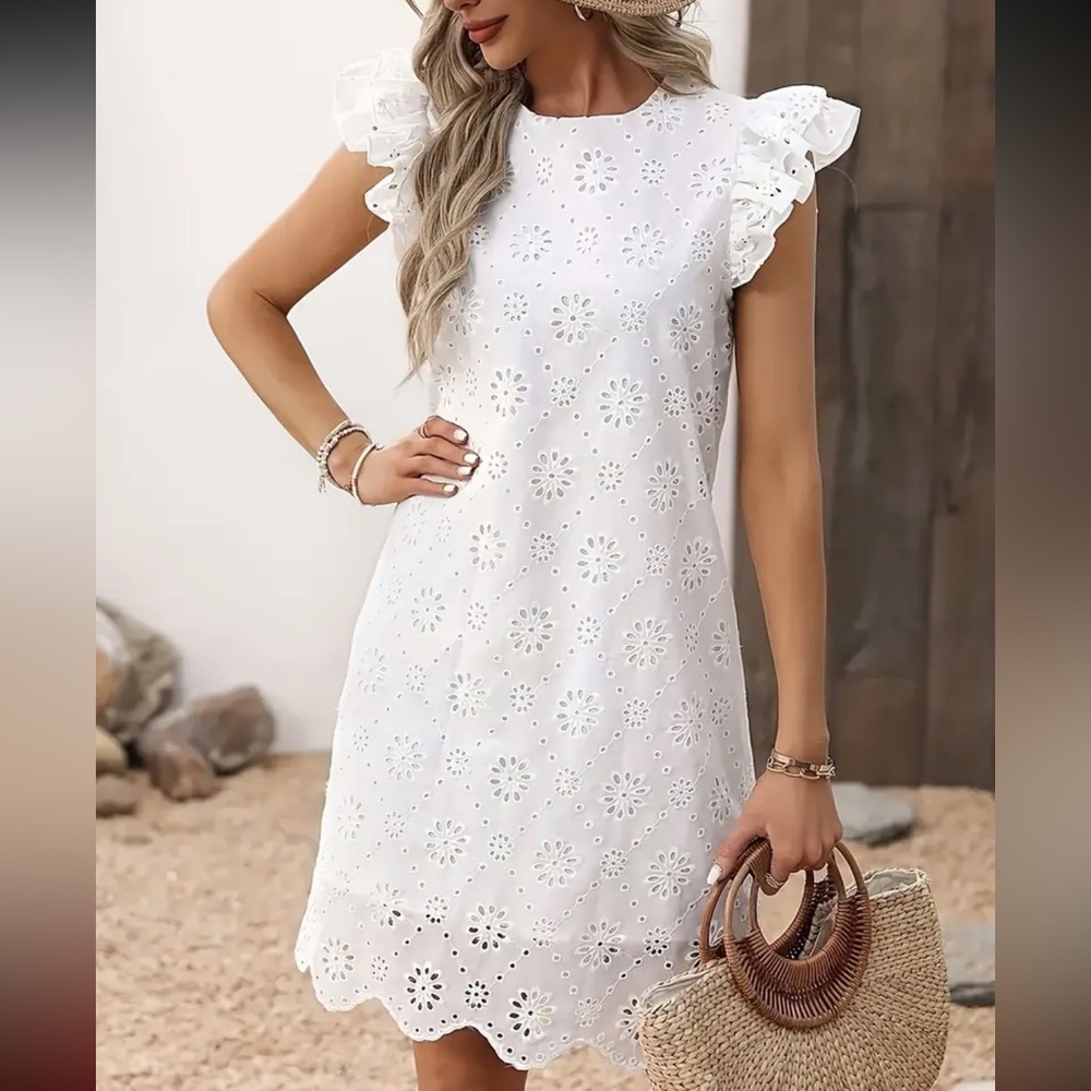 🐞 Adorable White Eyelet Sleeveless Ruffle Scalloped Edge Fully Lined Dress XL